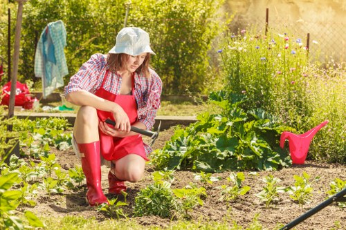 A woman wearing a white sun hat, red rubber boots, and a red apron is kneeling in a garden in Richmond, tending to young vegetable plants in tidy, well-maintained soil beds. The garden includes a variety of green leafy plants, with some larger plants supported by stakes, and flower beds with blooming flowers visible in the background. Behind her, there are garden tools, including a pink watering can placed on the ground, and a clothesline with hanging towels or cloths. The outdoor space is surrounded by a wooden fence and lush greenery, suggesting a private, landscaped yard suitable for gardening and outdoor maintenance. The scene appears to be in warm weather, with sunlight illuminating the vibrant greens and colorful flowers, reflecting a well-kept, productive garden, indicative of professional gardening services in the Richmond area managed by Landscapers Richmond.